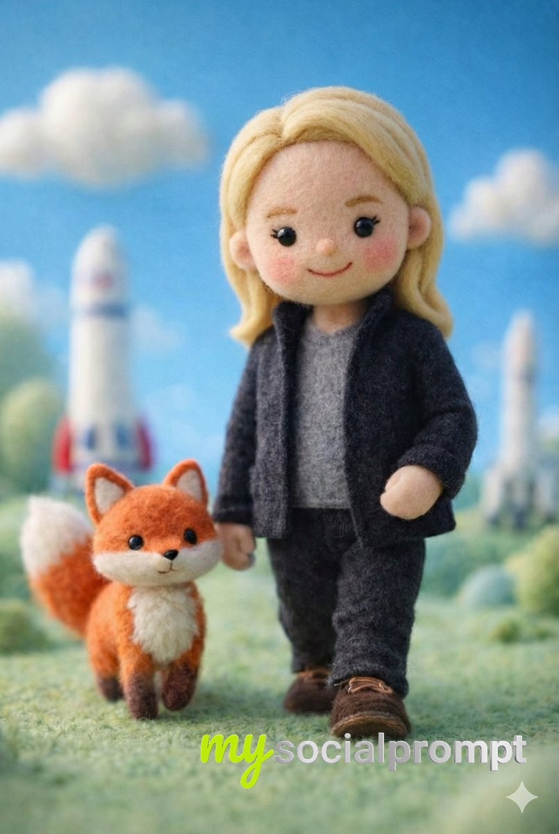 nanobanana prompt: Felt Miniature Scene with Tech-Styled Doll & Fox Companion 3