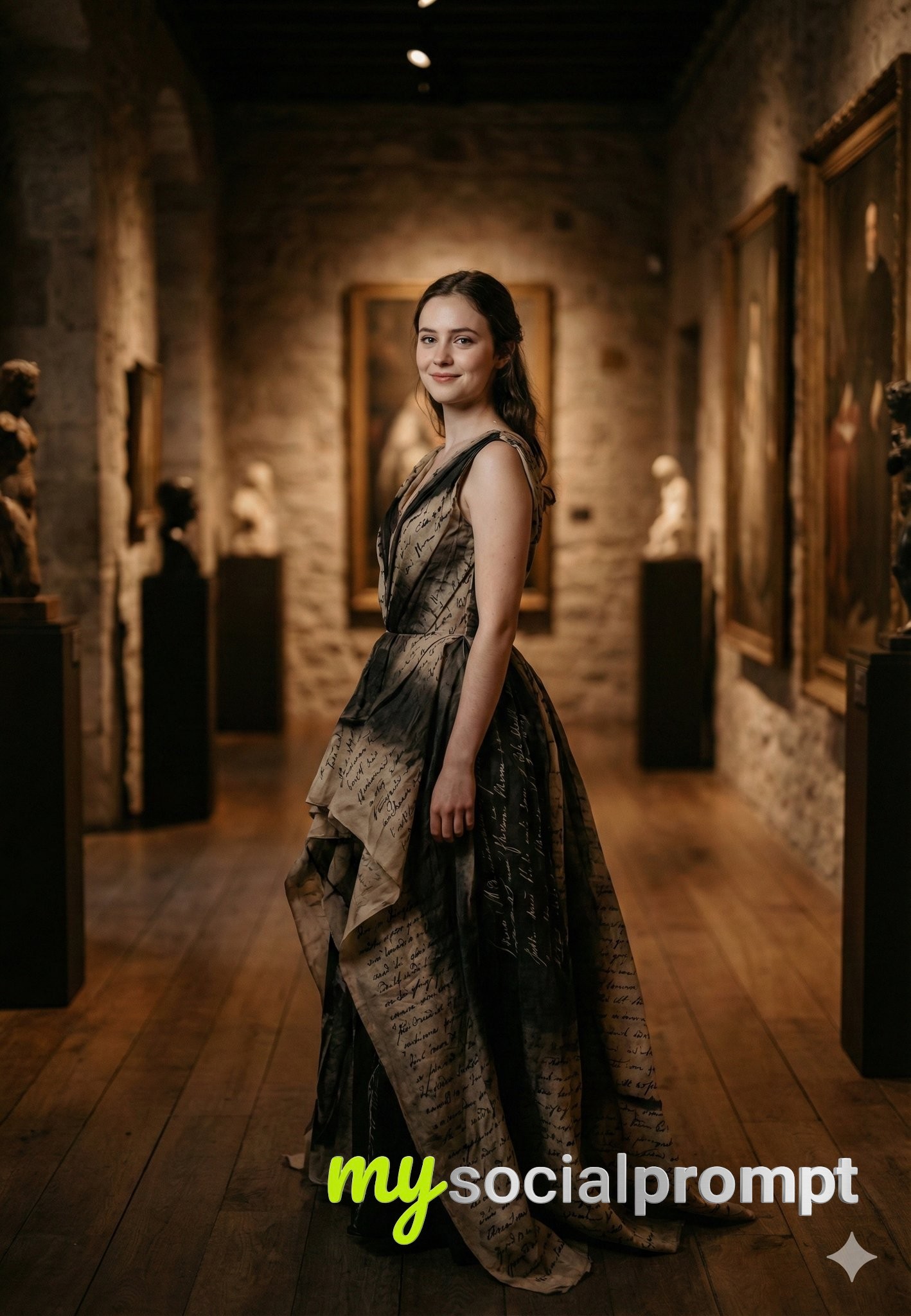 nanobanana prompt: Classical Gallery Portrait with Couture Gown and Warm Cinematic Light