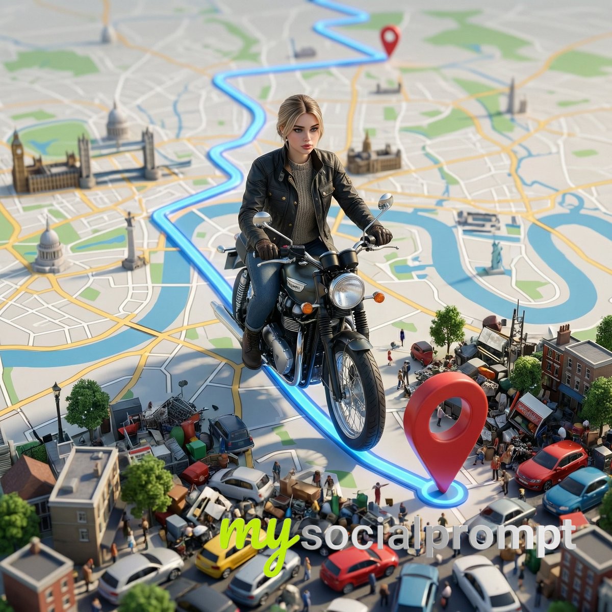 nanobanana prompt: Surreal GPS Journey with Photorealistic Character & Miniature City 2