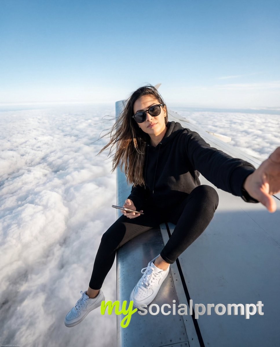 nanobanana prompt: Cinematic Aerial Portrait with Sporty Casual Styling