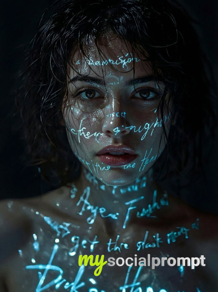 nanobanana prompt: Cinematic Noir Portrait with Neon Cyber-Poetic Projections