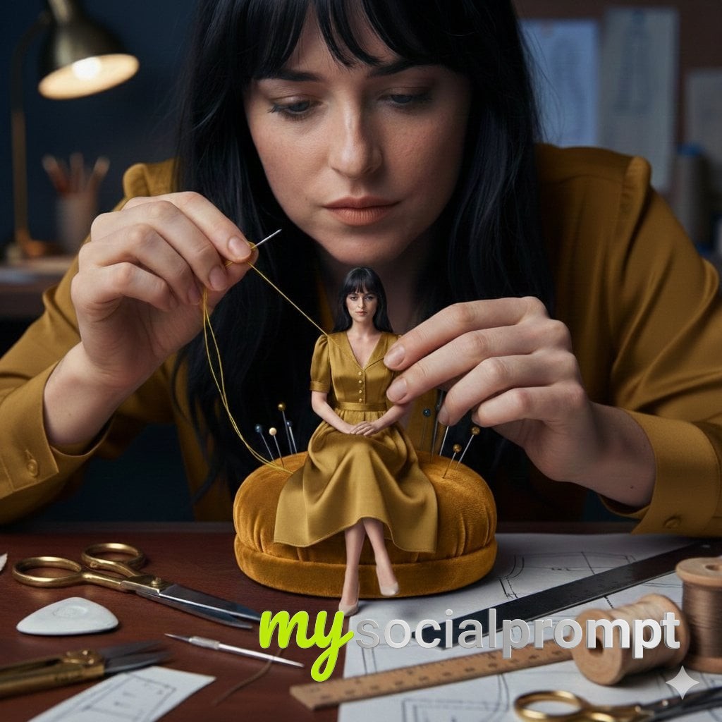 nanobanana prompt: Cinematic Micro-Tailoring: Woman Sews Miniature Dress on Tiny Model