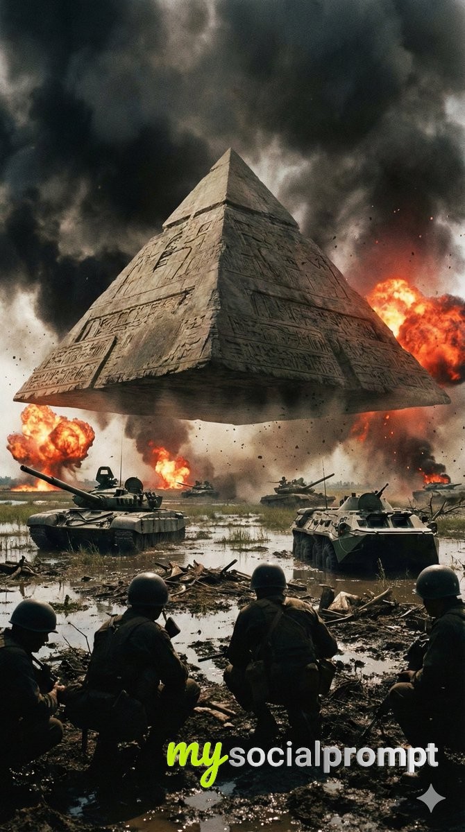 nanobanana prompt: Floating Pyramid Over Modern Battlefield – Cinematic War Photography