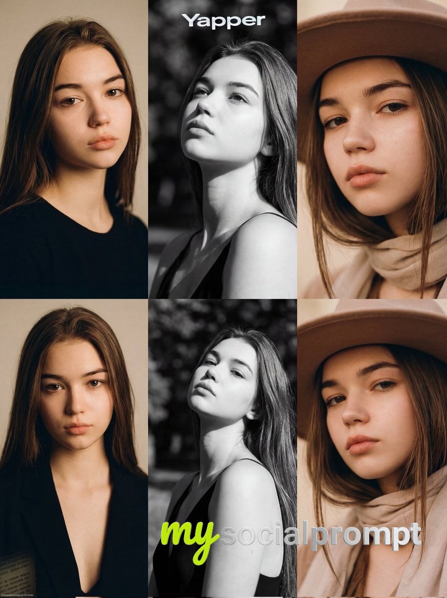 nanobanana prompt: Ultra-Realistic 3-Panel Fashion Editorial Portrait Grid