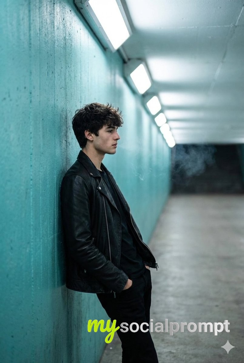 nanobanana prompt: Urban Tunnel Portrait with Cinematic Lighting and Textured Turquoise Walls