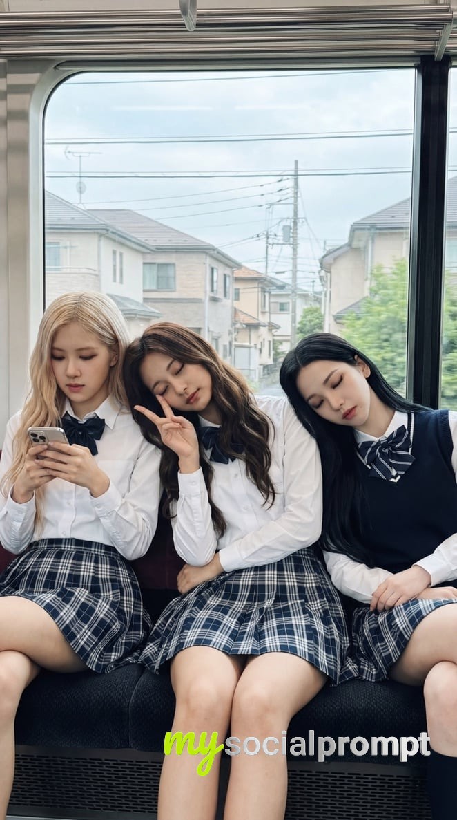 nanobanana prompt: K-pop Idols on a Train: Cinematic Group Portrait with Natural Lighting