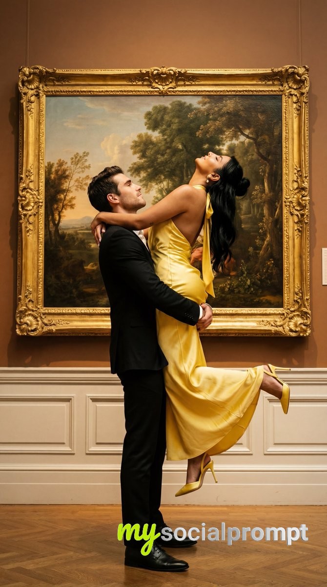 nanobanana prompt: Cinematic Romance with Yellow Satin Gown in Gallery Setting