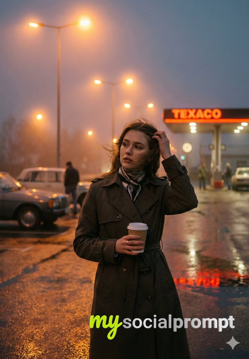 nanobanana prompt: Cinematic Gas Station Portrait with Melancholic Realism