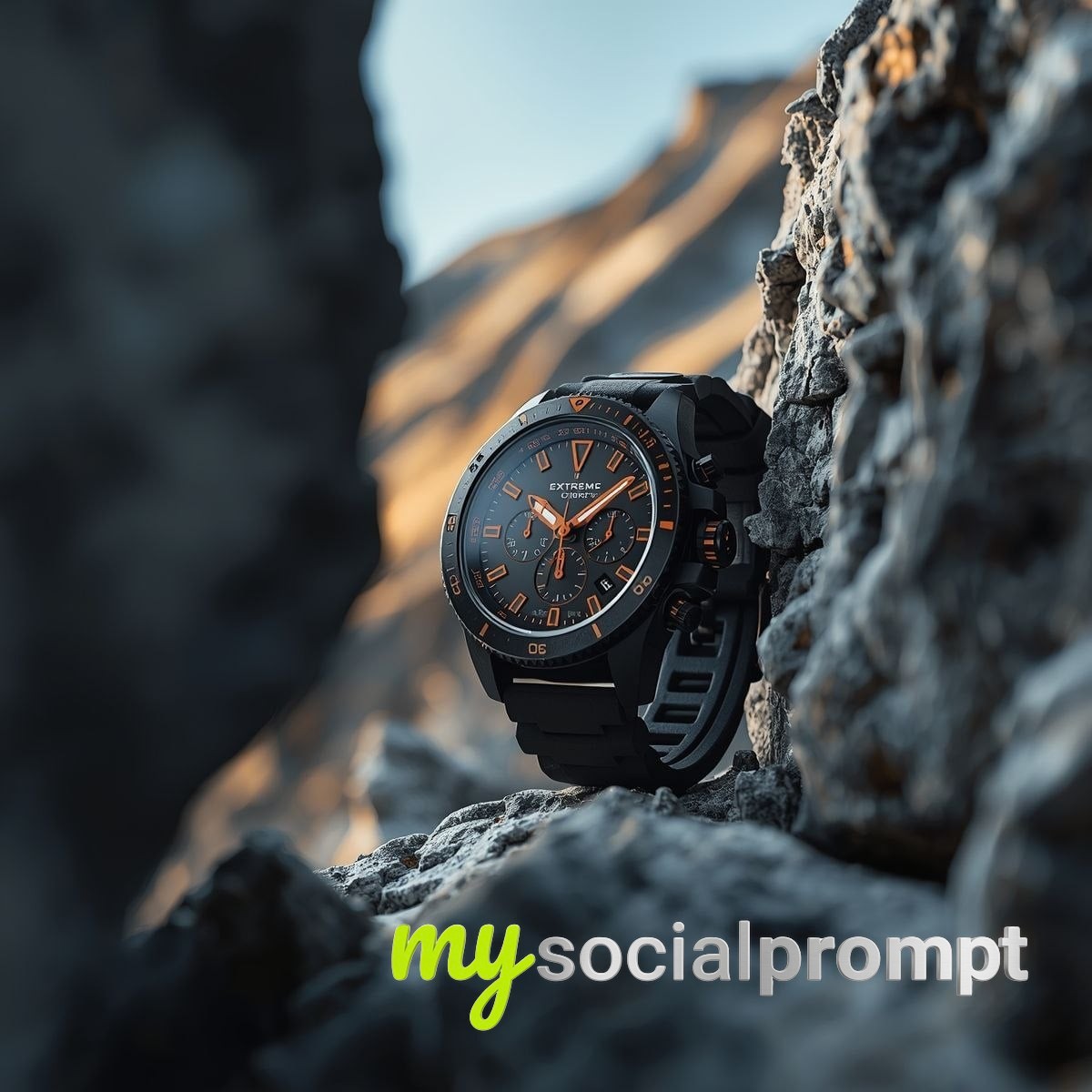 nanobanana prompt: Alpine Macro Shot of Rugged Matte-Black Chronograph with Orange Accents