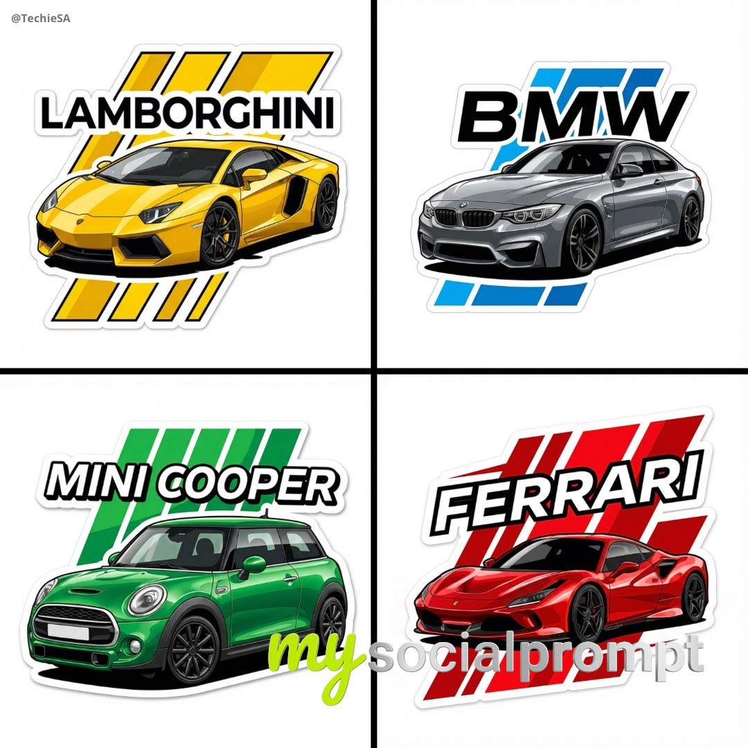 nanobanana prompt: Dynamic Vector Car Sticker with Angled Stripes and Glossy Detailing