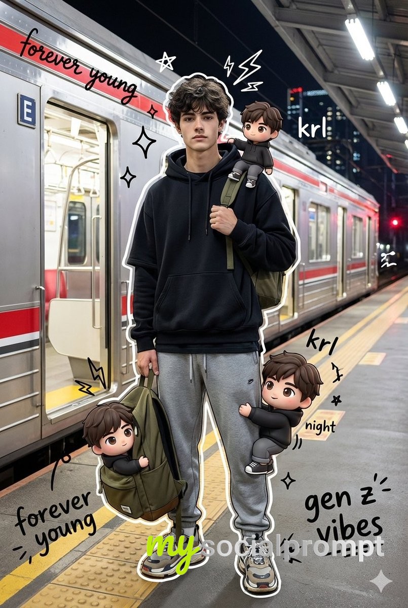 nanobanana prompt: Streetwear Portrait with Chibi Doubles & Doodle Overlay