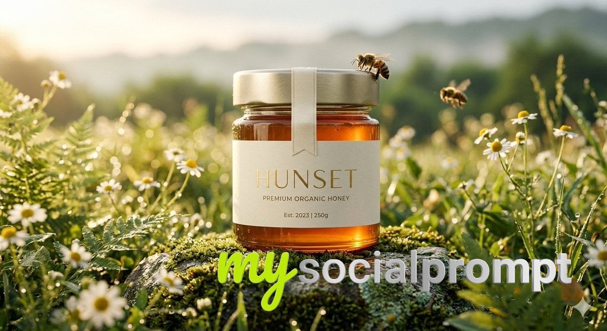 nanobanana prompt: Cinematic Macro Product Shot of Premium Honey Jar in Wild Wheat Field - AI Prompt Image 2