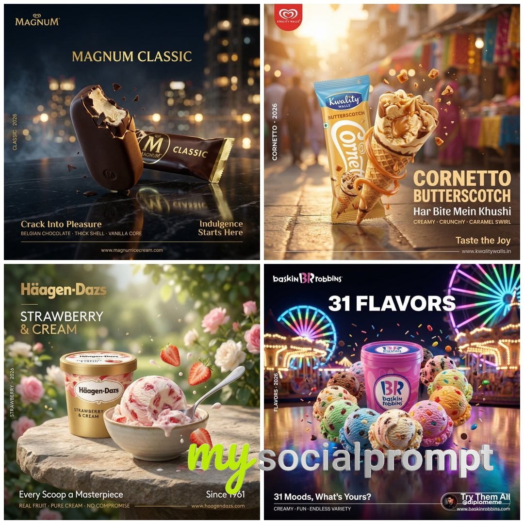nanobanana prompt: Cinematic FMCG Duality: Magnum Classic vs. Cornetto Butterscotch
