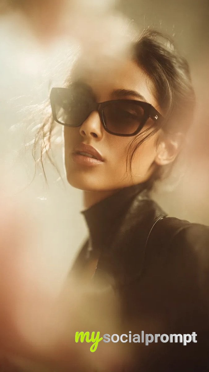 nanobanana prompt: Cinematic fashion portrait with oversized cat-eye sunglasses, golden hour lighting