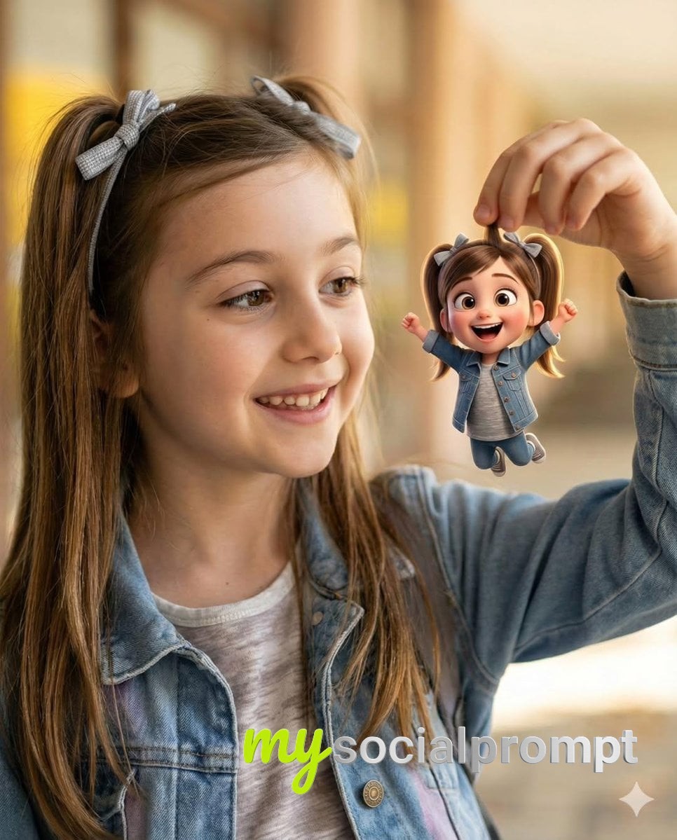nanobanana prompt: Heartwarming Pixar-Style Portrait with Photorealistic Child and Miniature 3D Character