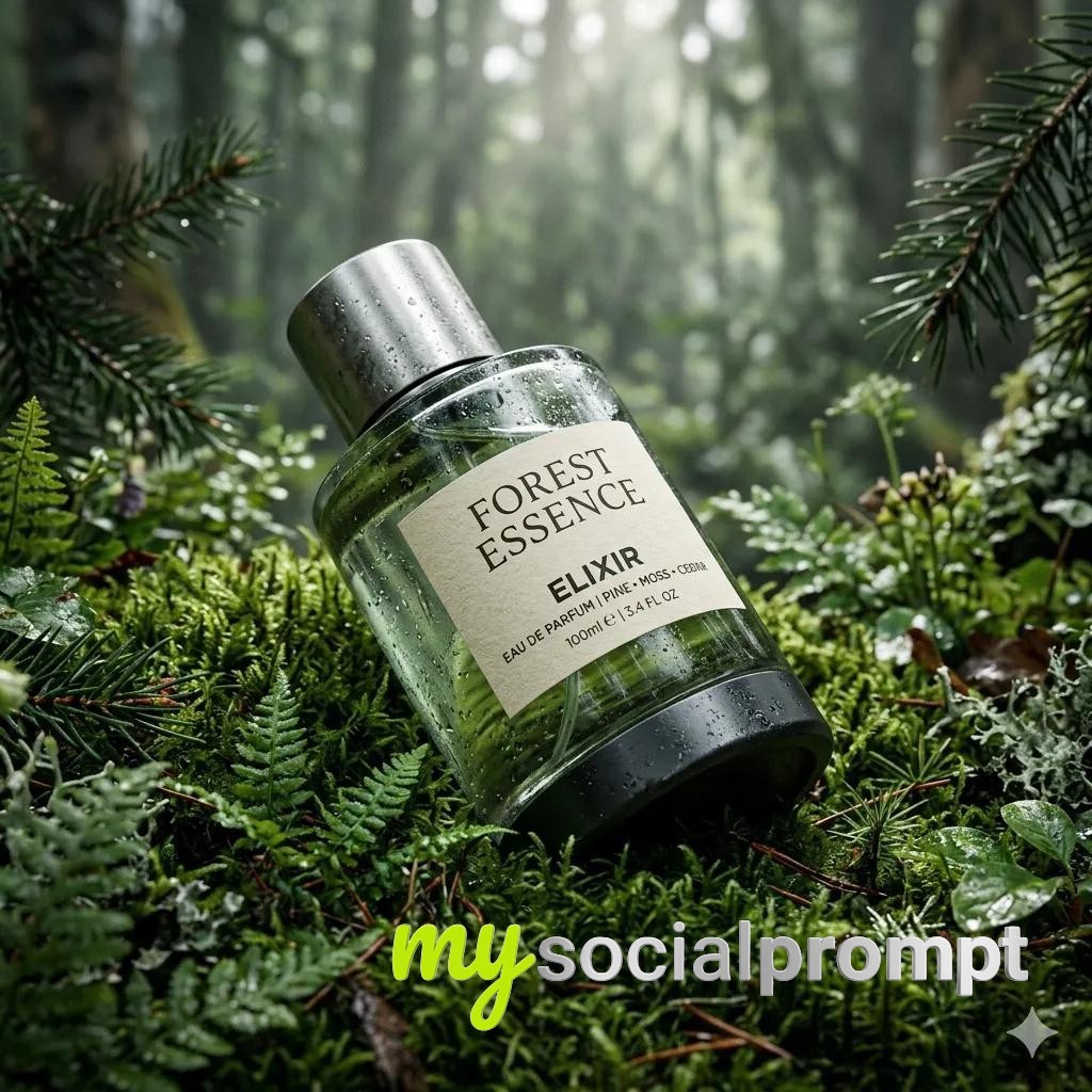 nanobanana prompt: Hyper-Realistic Fragrance Product Shot – Forest Essence Elixir in Macro Cinematic Lighting