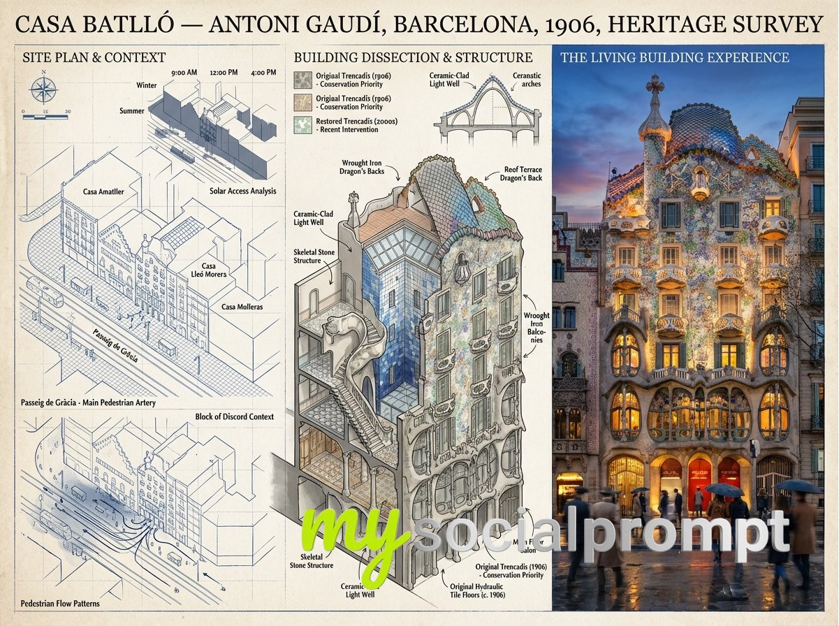 nanobanana prompt: Architectural Survey Board with Technical Axonometric and Golden-Hour Photography 2