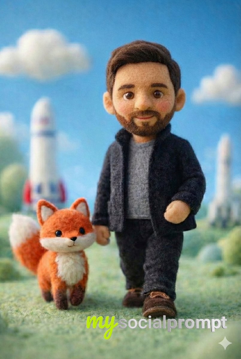 nanobanana prompt: Felt Miniature Scene with Tech-Styled Doll & Fox Companion