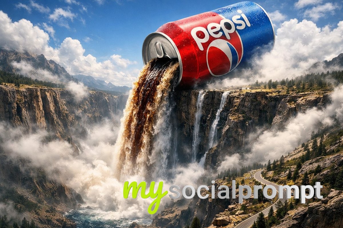 nanobanana prompt: Surreal Epic Landscape with Coca-Cola Waterfall 2