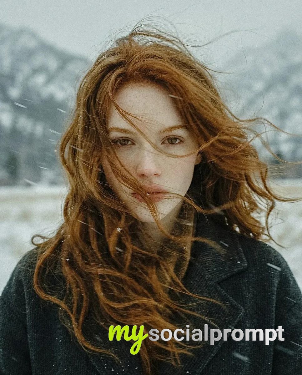 nanobanana prompt: Cinematic winter portrait, melancholic woman in snowy landscape, editorial photography 2