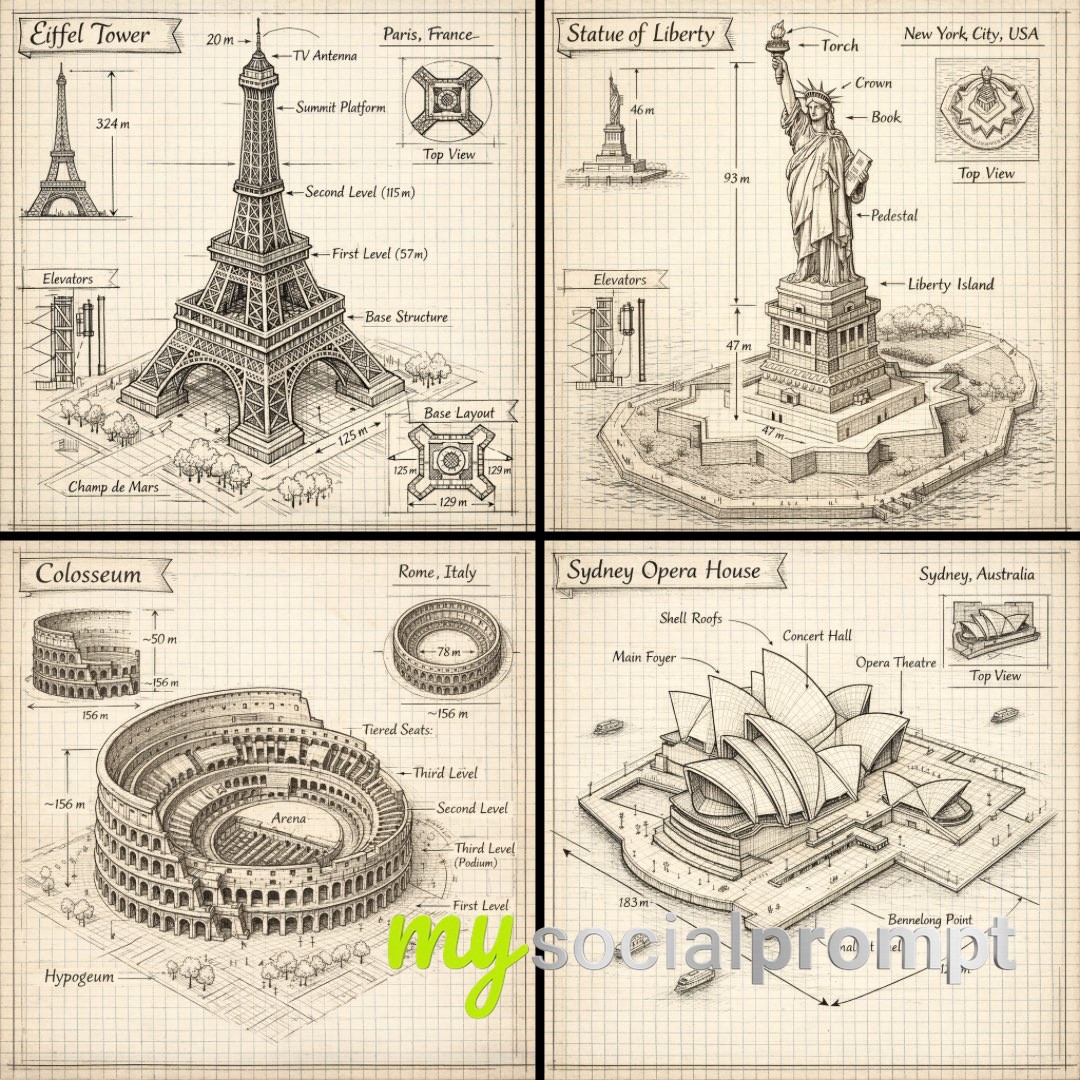 nanobanana prompt: Isometric Hand-Drawn Schematic of Iconic Landmarks