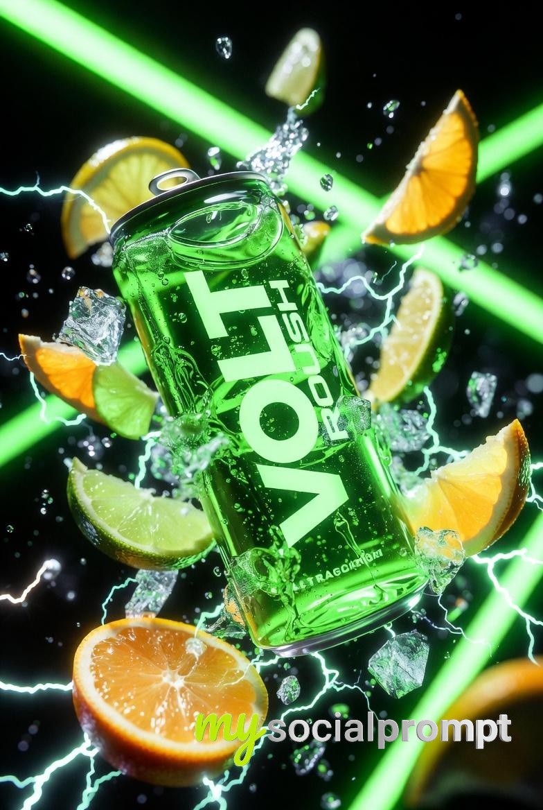 nanobanana prompt: Ultra-Cinematic Product Photography – Neon-Green Energy Drink with Citrus Splash and Electric Sparks 3