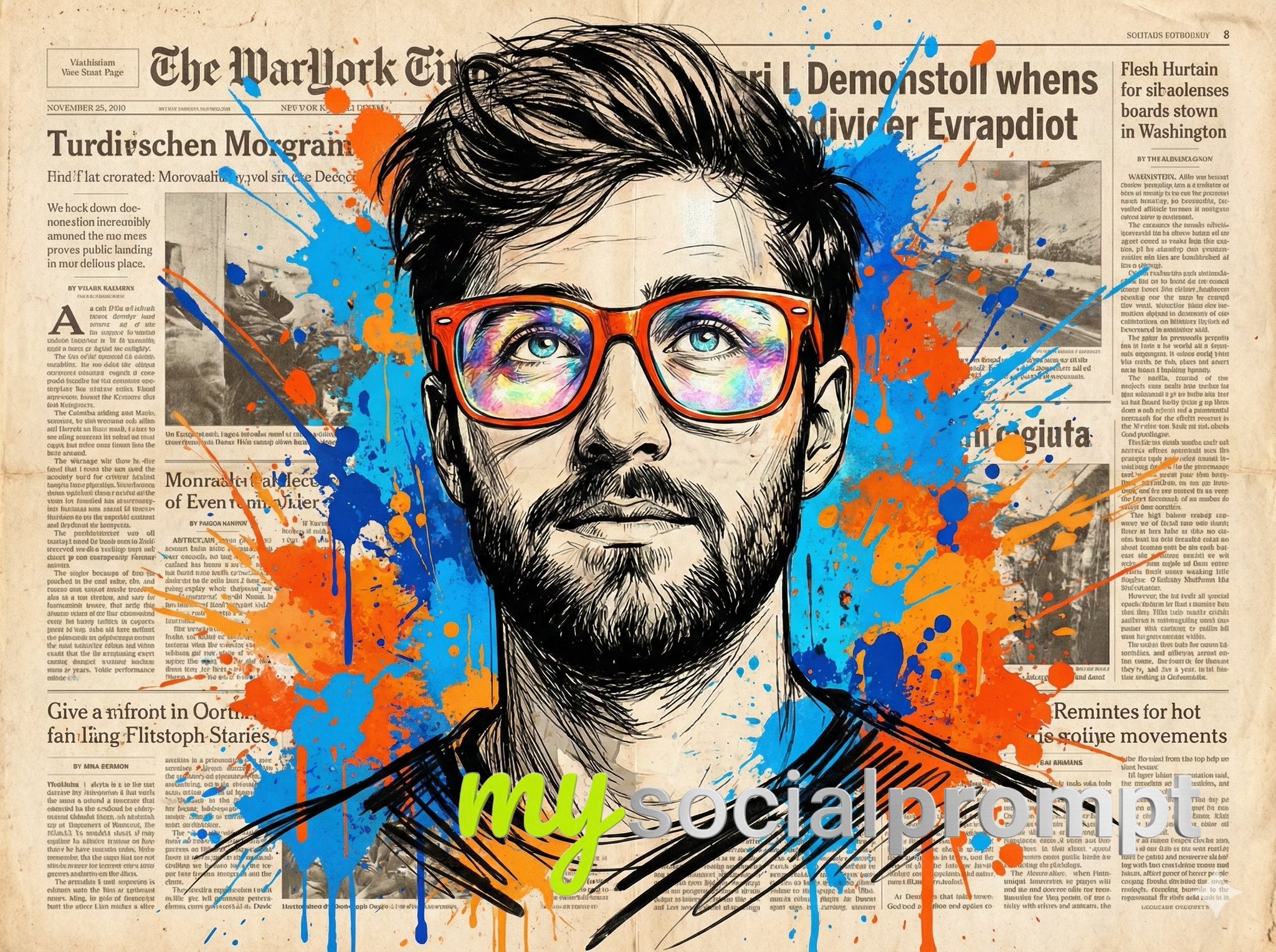 nanobanana prompt: Abstract Expressionist Portrait with Dynamic Strokes & Textured Newspaper