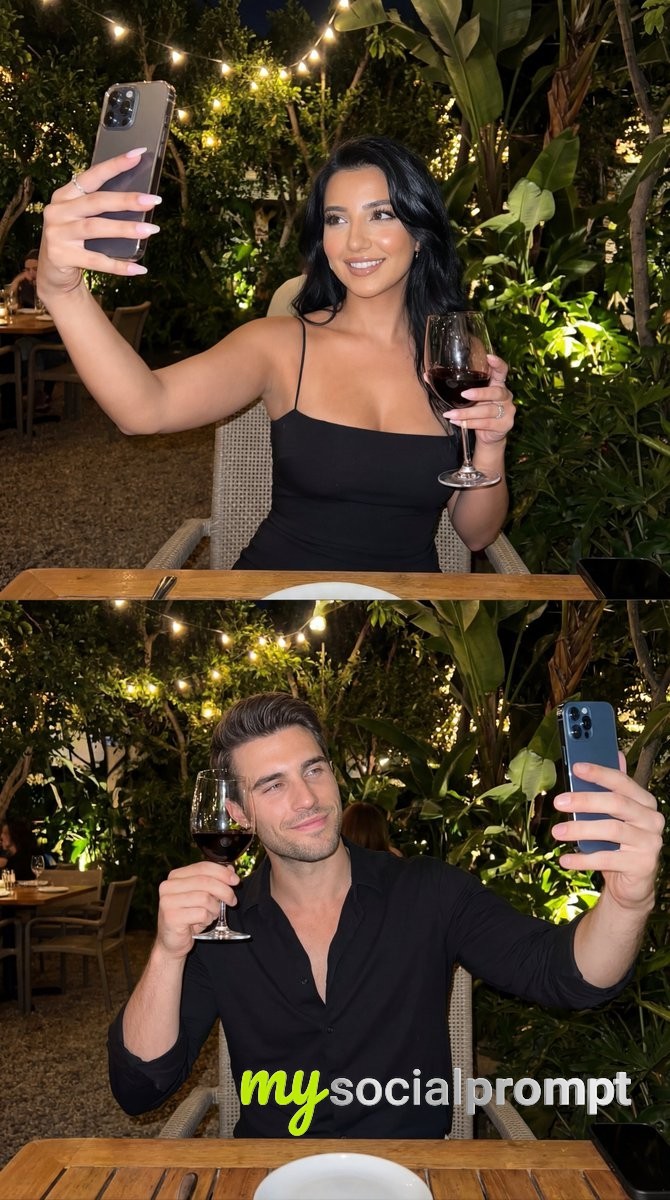 nanobanana prompt: Candid Night Flash Selfie Duo – Intimate Garden Restaurant Portrait