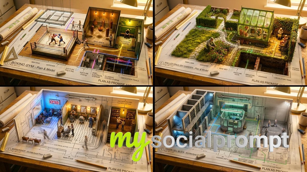 nanobanana prompt: Hyperreal Architectural Floor Plan with Inhabitable Miniatures and Cinematic Lighting