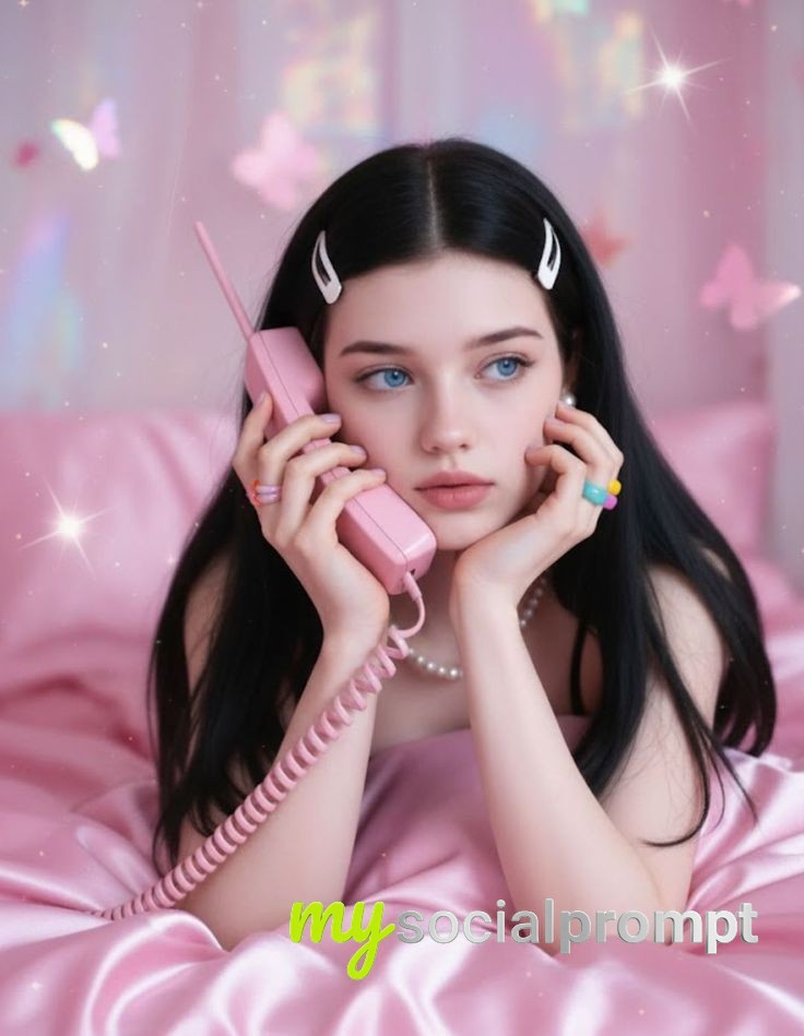 nanobanana prompt: Ethereal Y2K Coquette Portrait with Sparkle and Vintage Phone