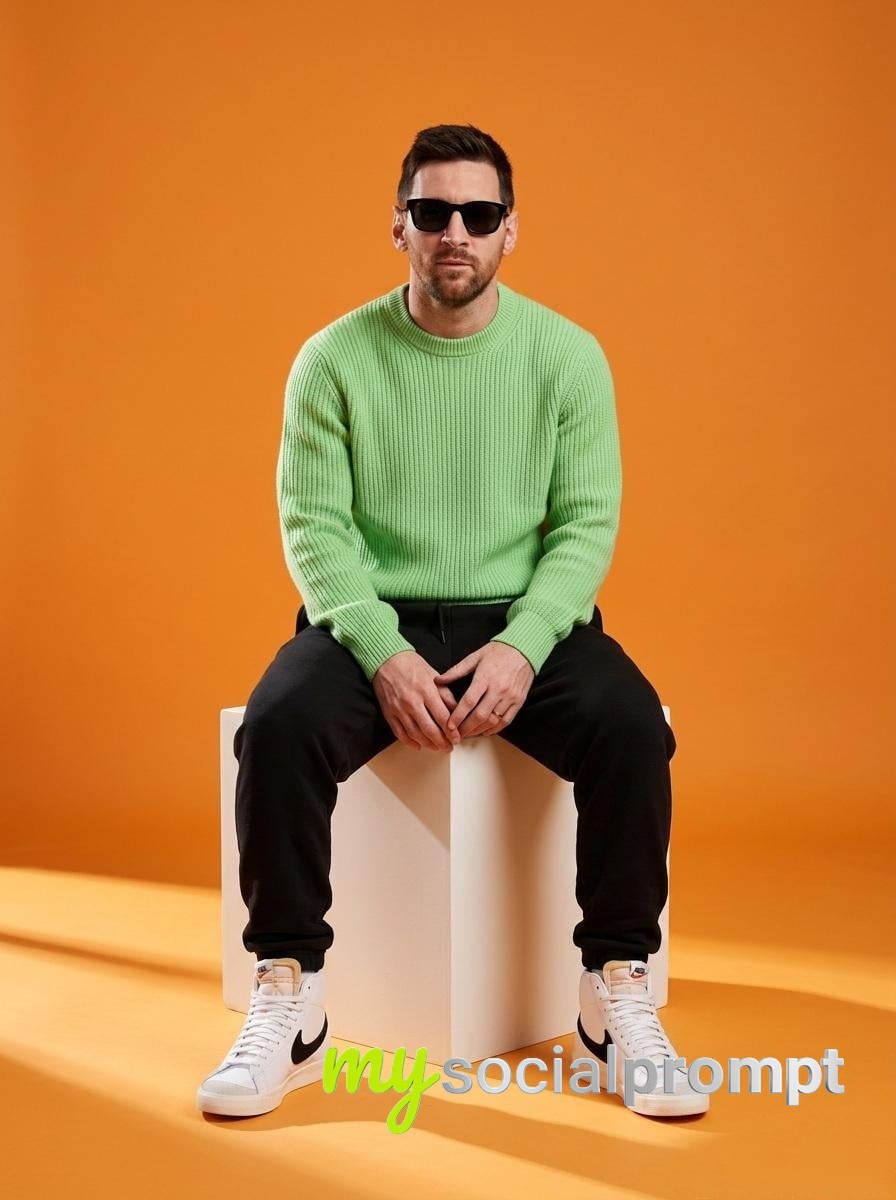 nanobanana prompt: Minimalist Fashion Editorial — Studio Portrait with Green Knit & Orange Backdrop