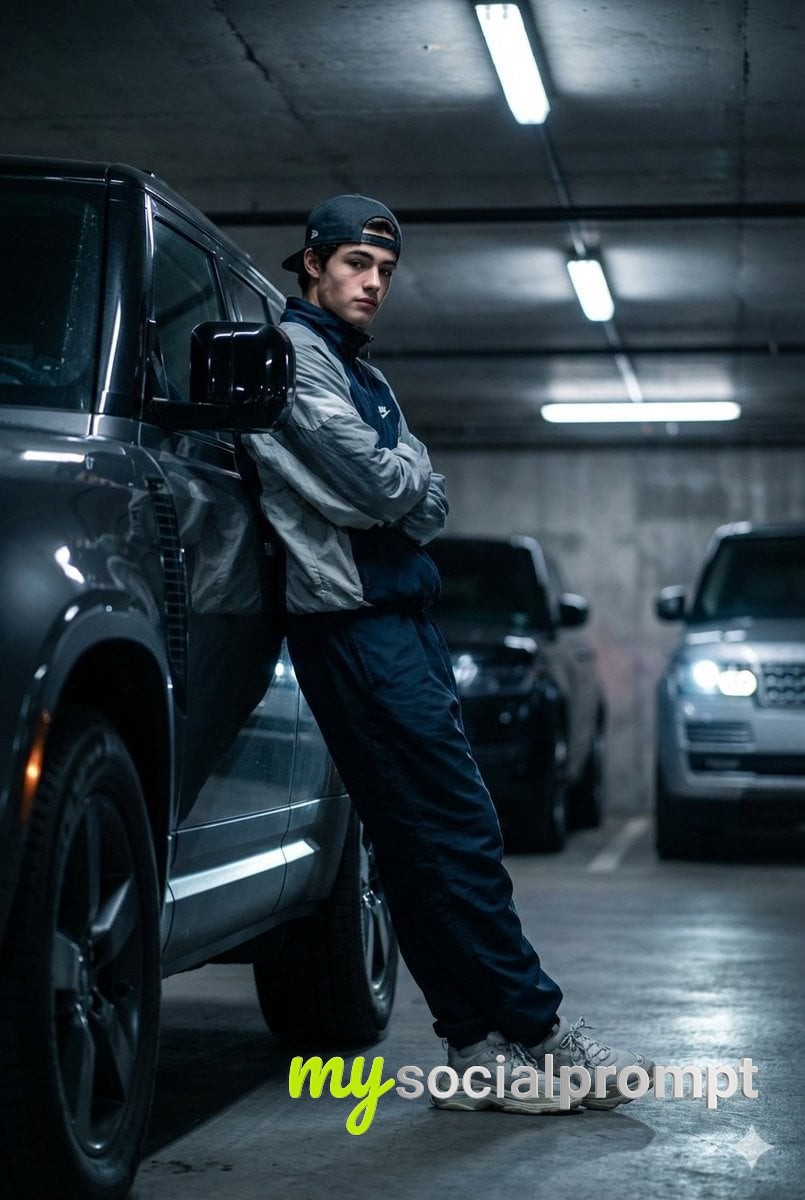 nanobanana prompt: Hyper-realistic low-angle portrait of a young man with Land Rover Defender in cinematic garage lighting