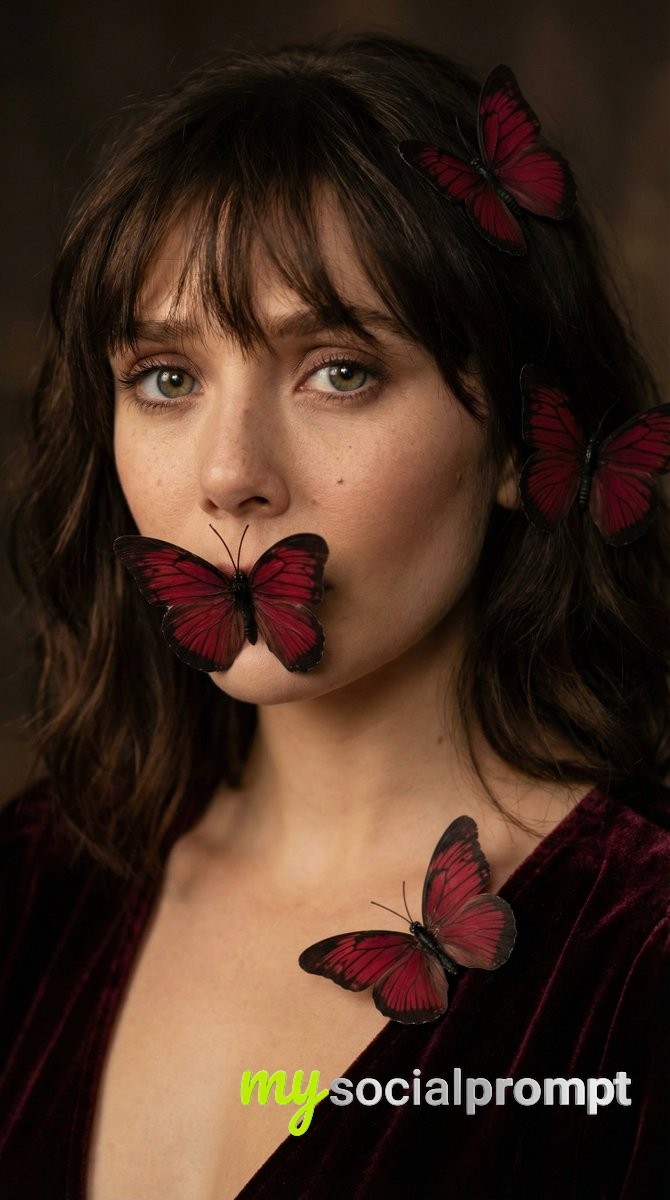 nanobanana prompt: Photorealistic Portrait with Velvet Styling and Butterfly Accents