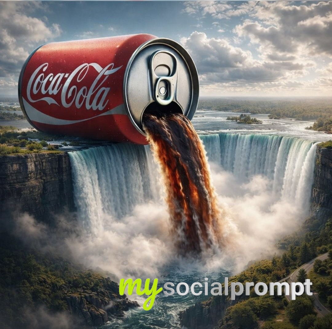 nanobanana prompt: Surreal Epic Landscape with Coca-Cola Waterfall
