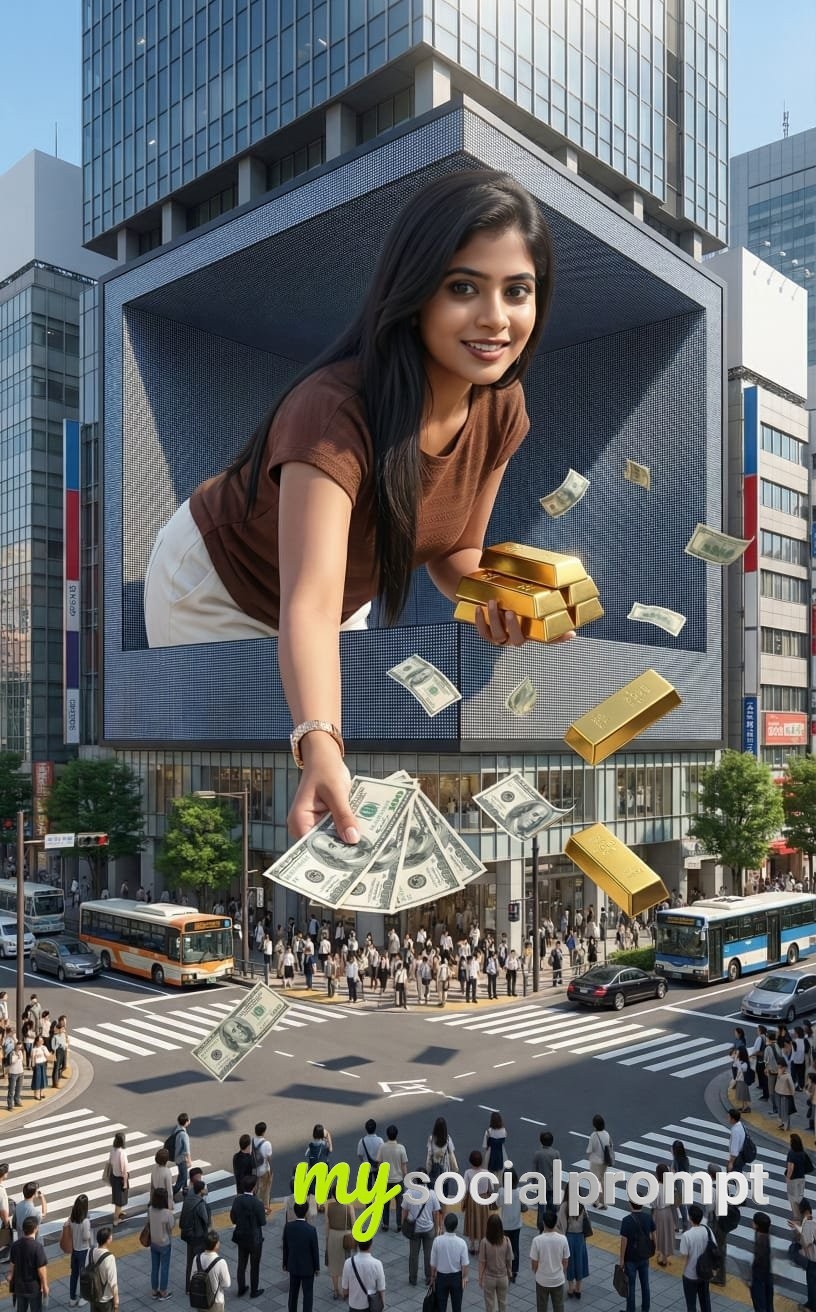 nanobanana prompt: Hyper-Real Glasses-Free 3D LED Billboard with Playful Giant Handing Out Cash