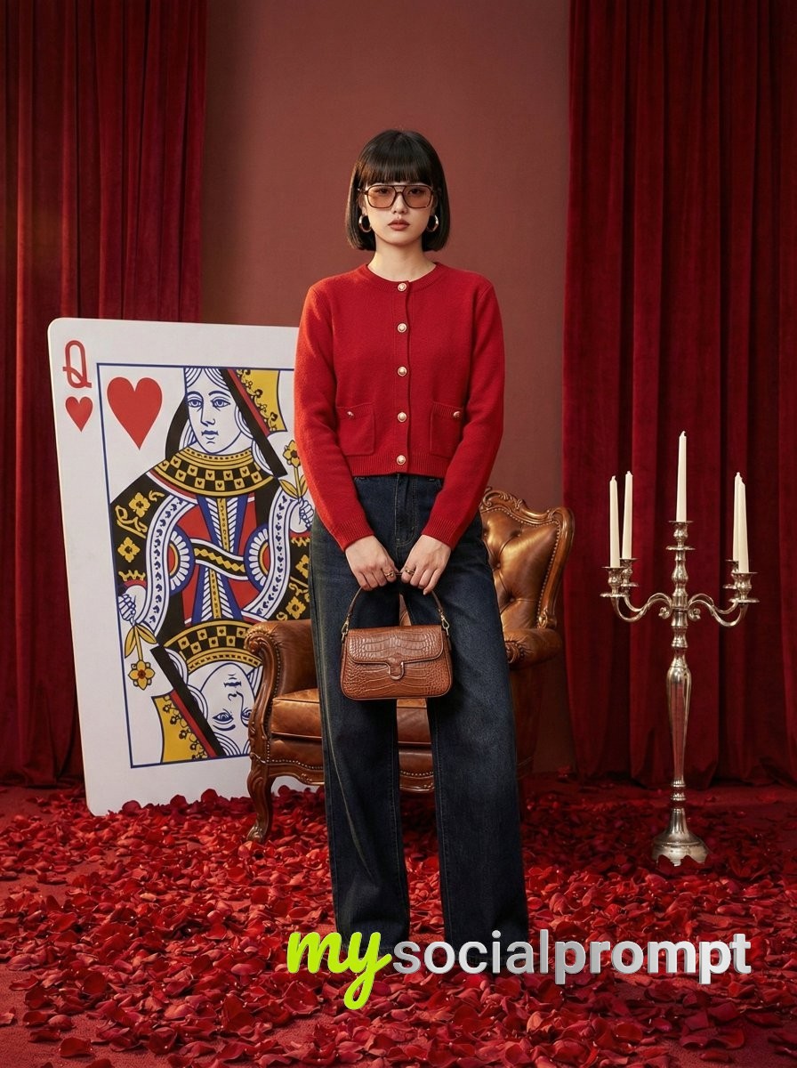 nanobanana prompt: Surreal Fashion Editorial: Red Cardigan & Alice in Wonderland Studio