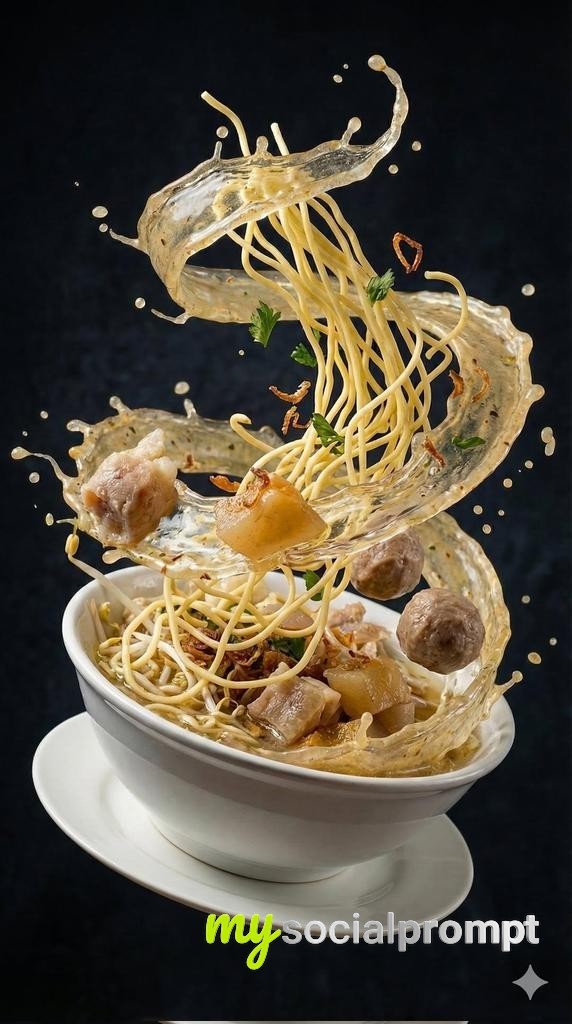nanobanana prompt: Dynamic Splash Food Photography: Spicy Meat Soup in Mid-Air 2
