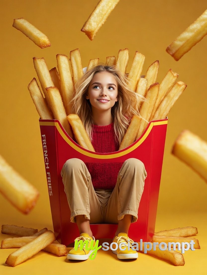 nanobanana prompt: Surreal Commercial Portrait with Giant Red French Fry Carton 2