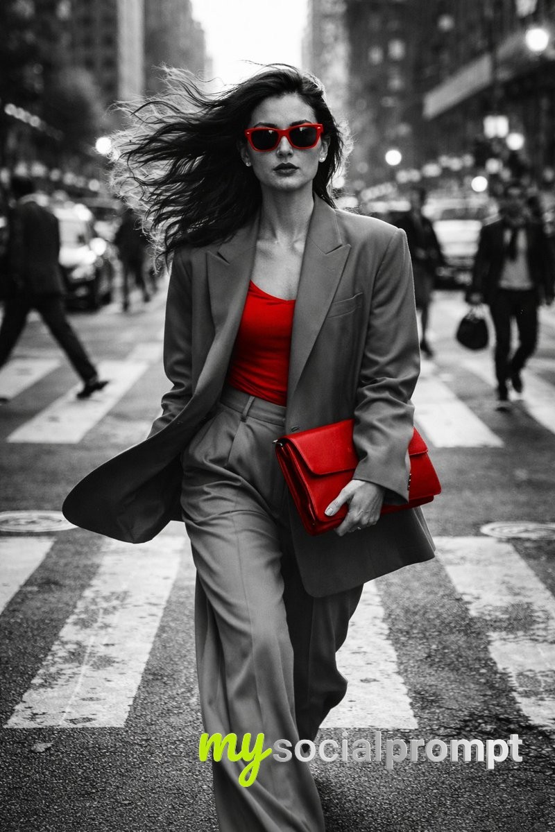 nanobanana prompt: Hyper-realistic Street Fashion with Selective Color Accents