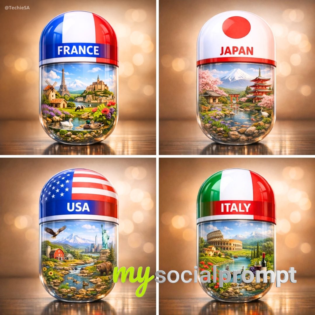 nanobanana prompt: Hyperrealistic 3D Capsule with National Flag and Miniature Landscape