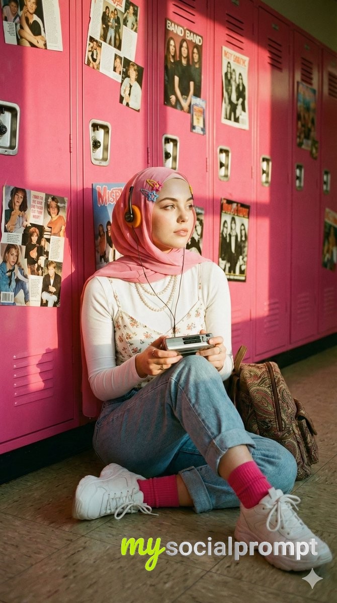 nanobanana prompt: Cinematic Nostalgic Portrait with Y2K Aesthetic & Golden-Hour Lighting