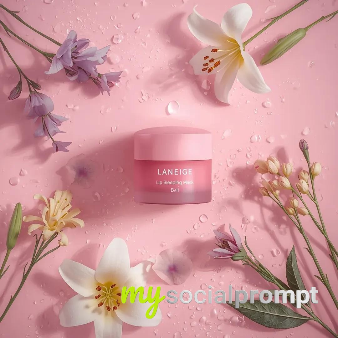 nanobanana prompt: Hyper-realistic Flat-Lay of LANEIGE Lip Mask with Pastel Florals 2