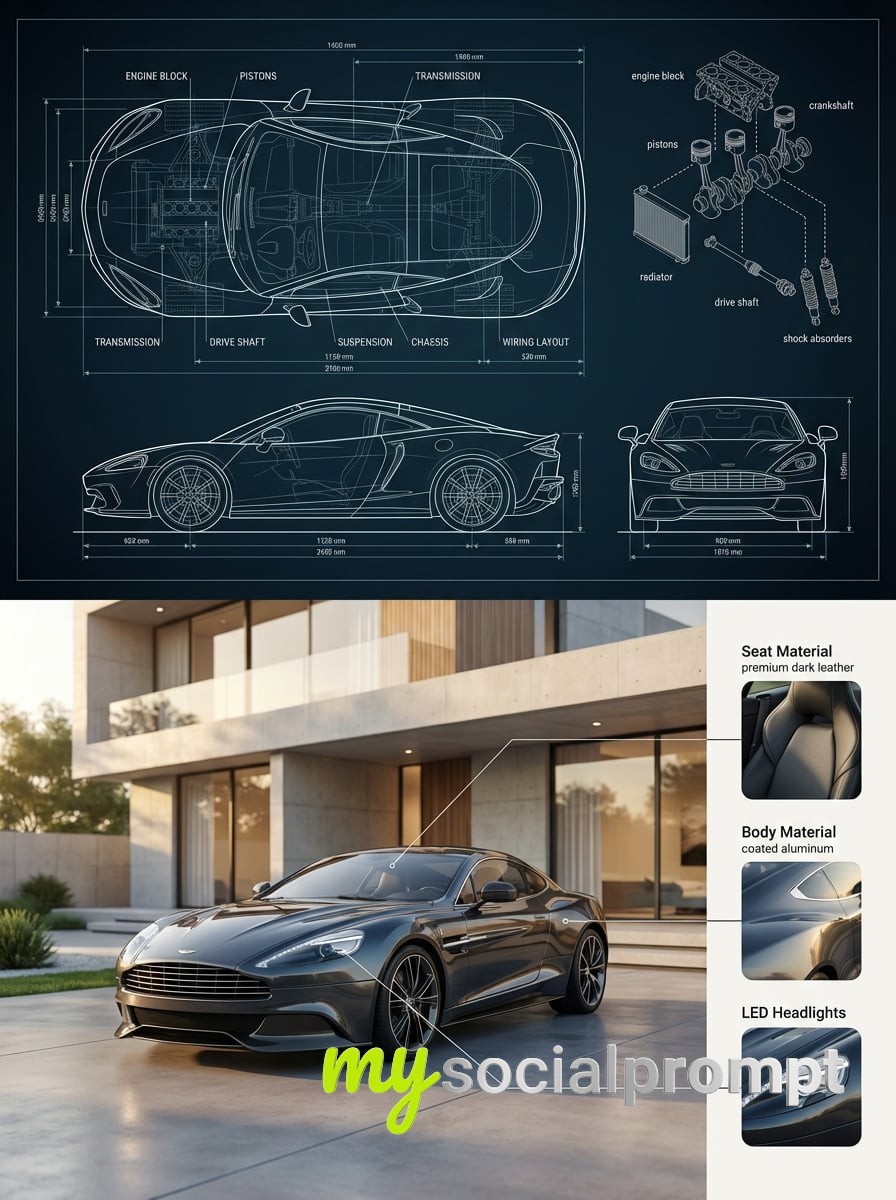 nanobanana prompt: Engineering Blueprint to Photorealistic Automotive Split Composition – A Fusion of Technical Precision and Luxury Design