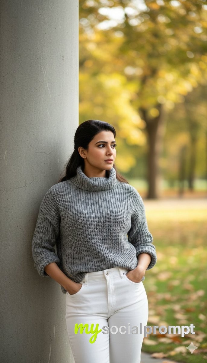 nanobanana prompt: Minimalist Autumn Portrait with Ultra-Realistic Shallow Depth