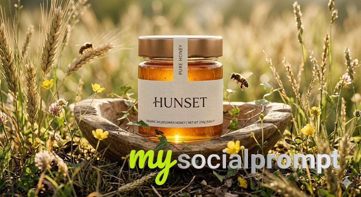 nanobanana prompt: Cinematic Macro Product Shot of Premium Honey Jar in Wild Wheat Field