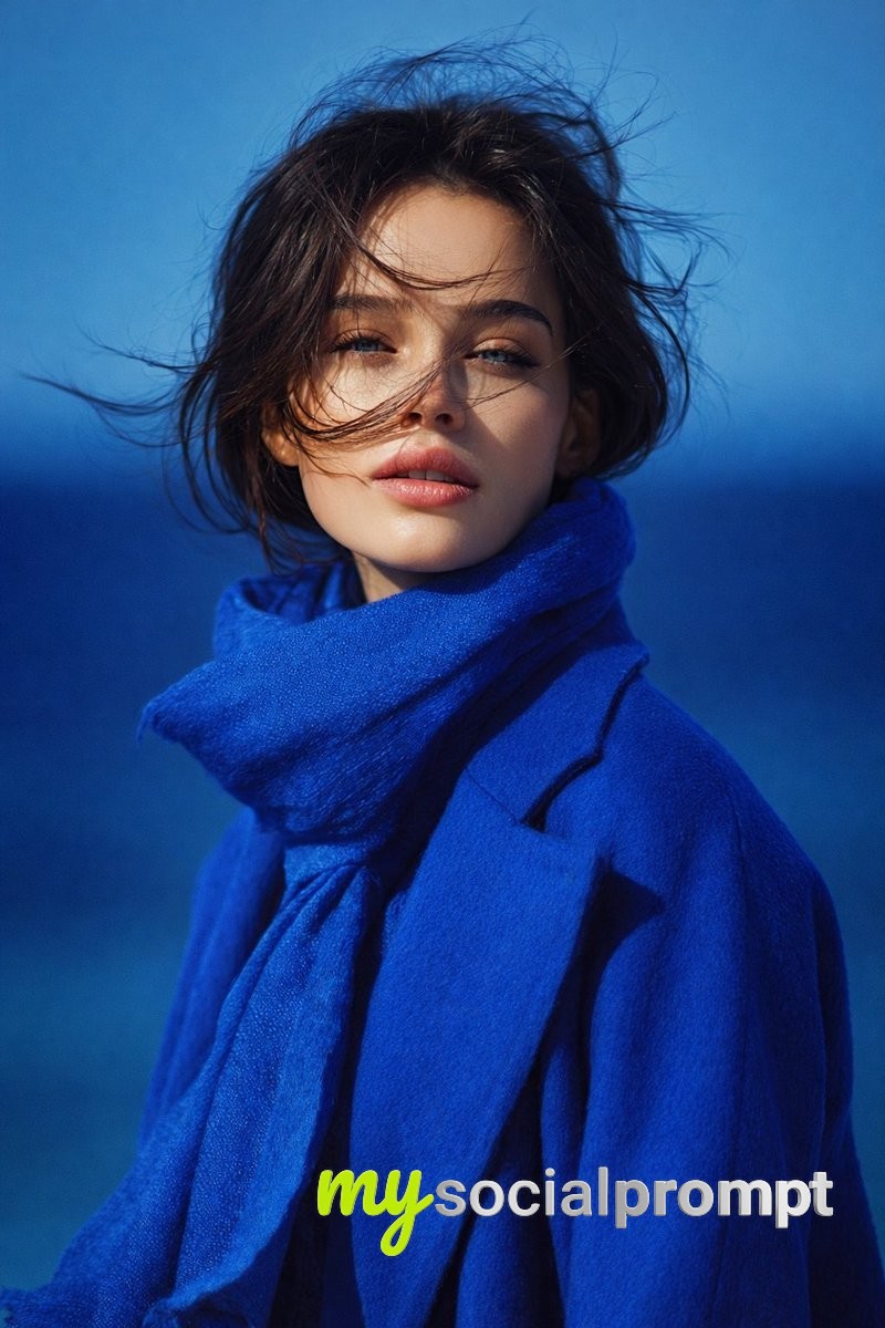 nanobanana prompt: Serene Portrait with Royal Blue Coat & Natural Lighting