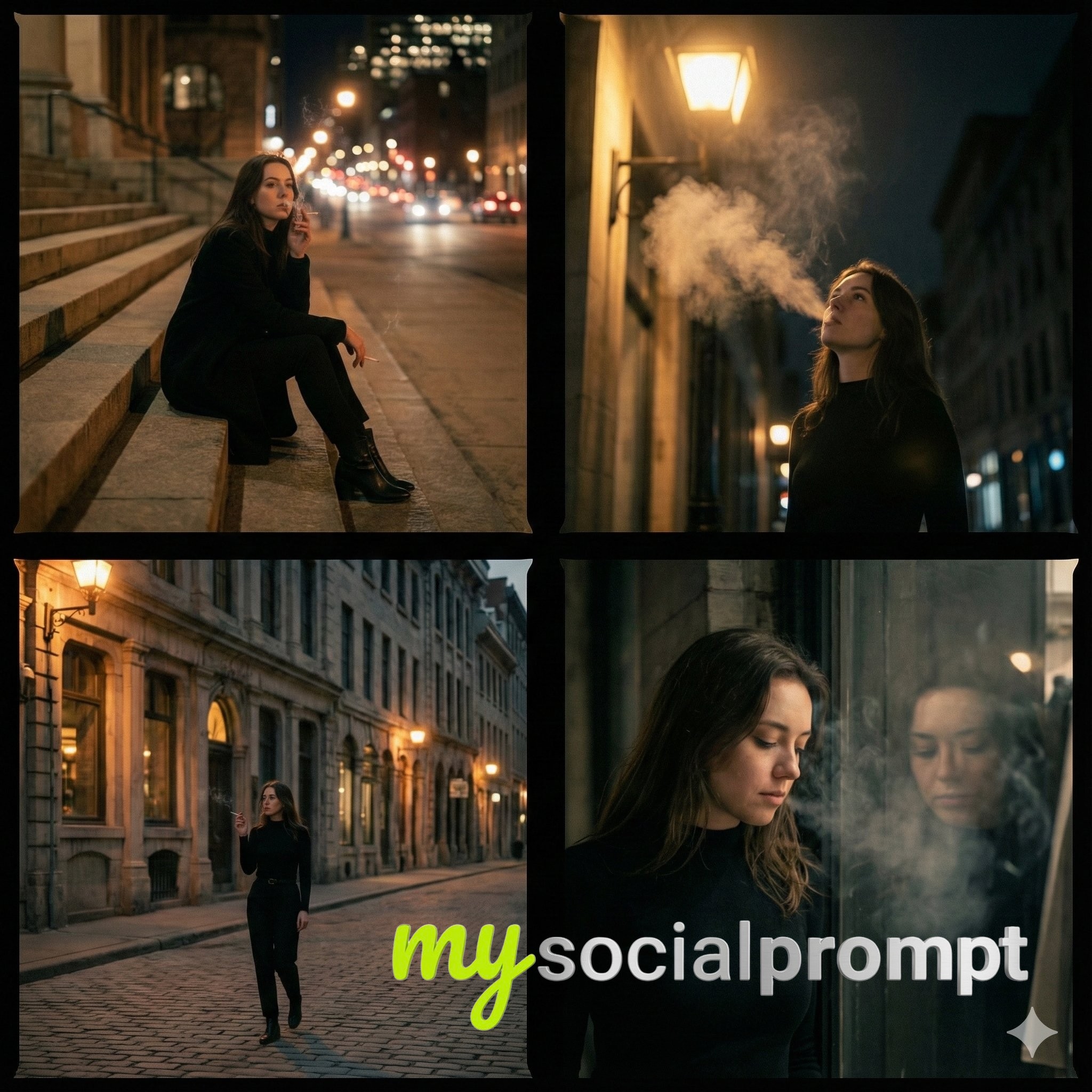 nanobanana prompt: Cinematic 4-Panel Collage of Introspective City Walk