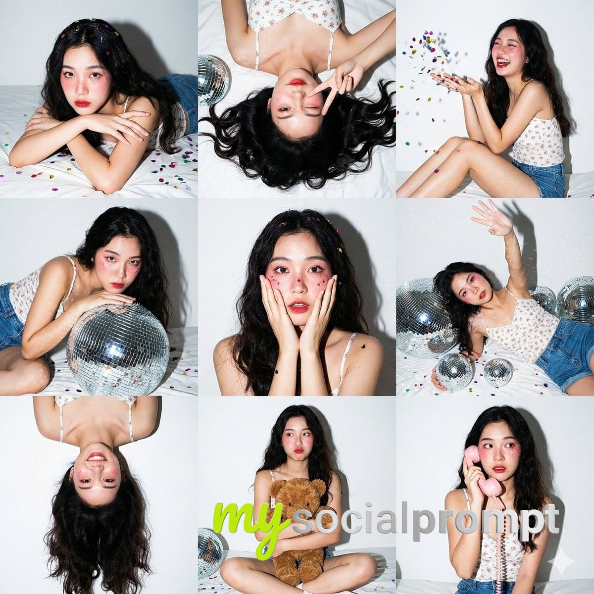 nanobanana prompt: Z-Gen slumber party photo collage, direct flash, disco balls & IGAN