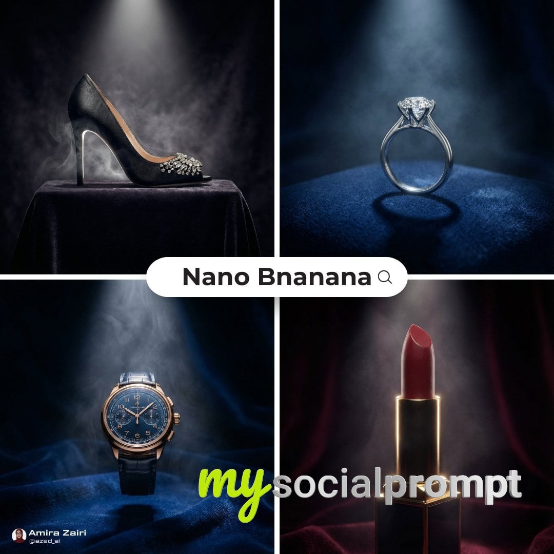 nanobanana prompt: Luxury Product Hero Shot with Cinematic Spotlight on Dark Velvet