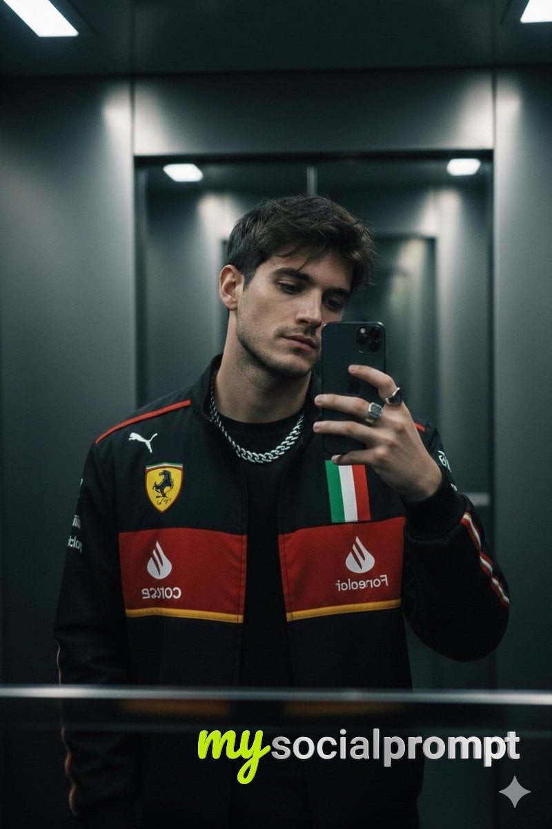 nanobanana prompt: Cinematic Mirror Selfie – Moody Elevator Portrait in Ferrari Racing Jacket